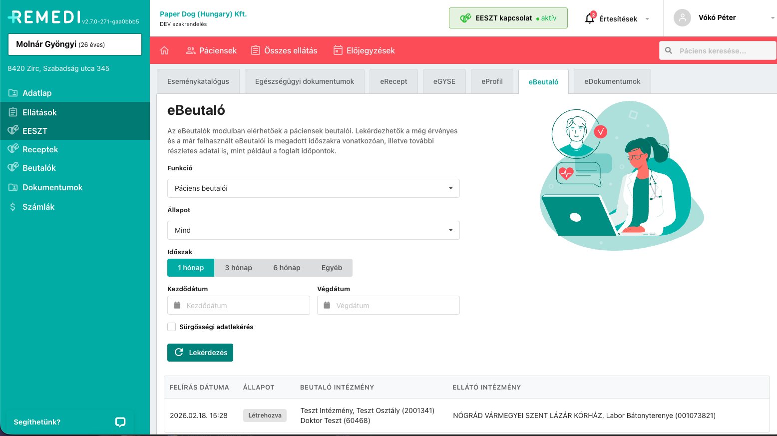 Orvosi receptkezelő webalkalmazás felületének képernyőképe oldalsó menüvel és a megjelenített receptek listájával.
