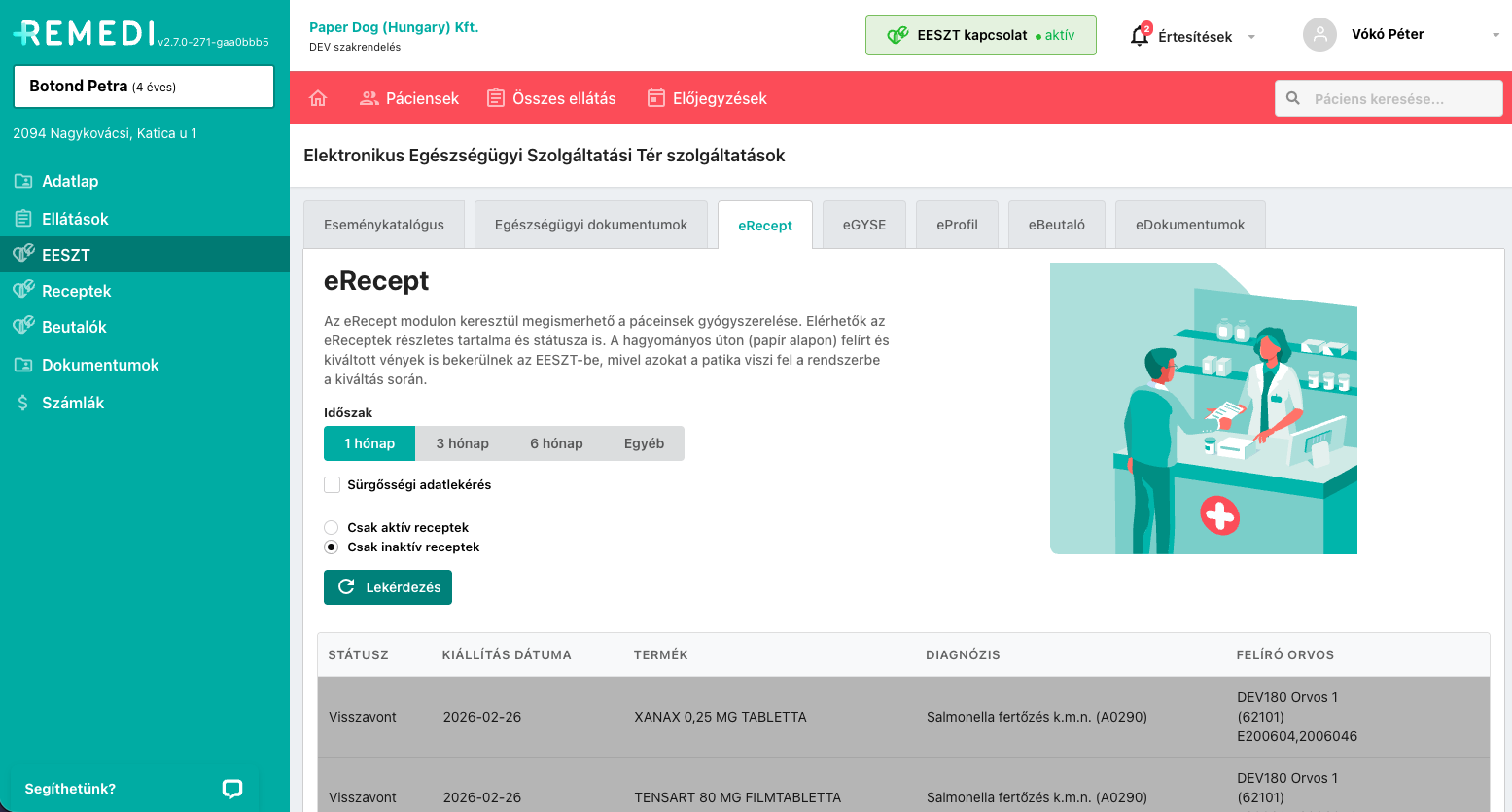 Orvosi receptkezelő webalkalmazás felületének képernyőképe oldalsó menüvel és a megjelenített receptek listájával.