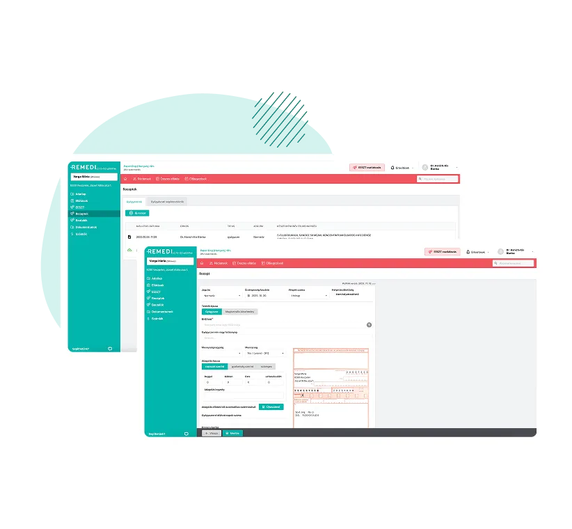 Screenshots of a medical prescription management software interface showing patient information and prescription details.
